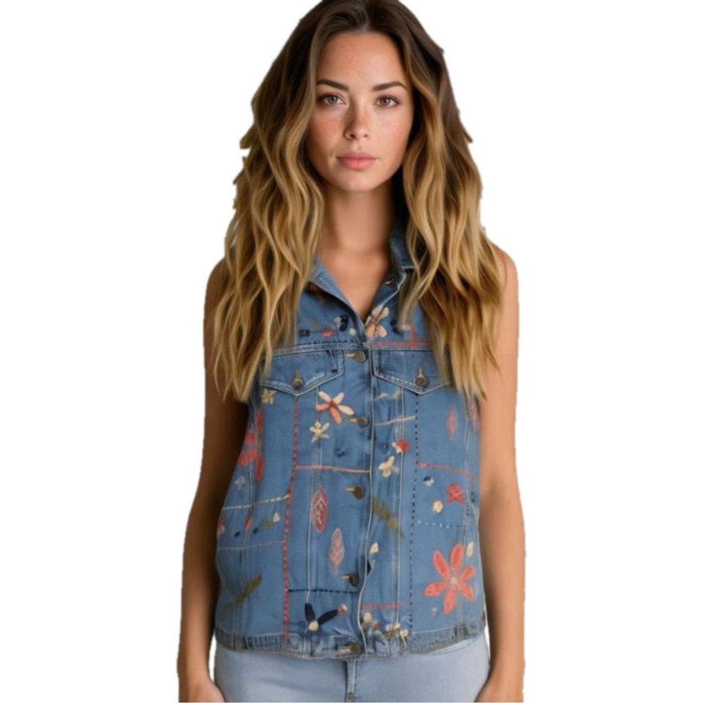 RARE Vintage Susan Bristol Denim Vest. Hand embroidered flowers & leaves Size 1X